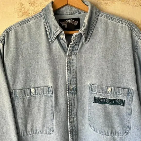 Vintage 90s Harley-Davidson Denim Shirt | Distressed Grunge Wash | Size L - Picture 3 of 8
